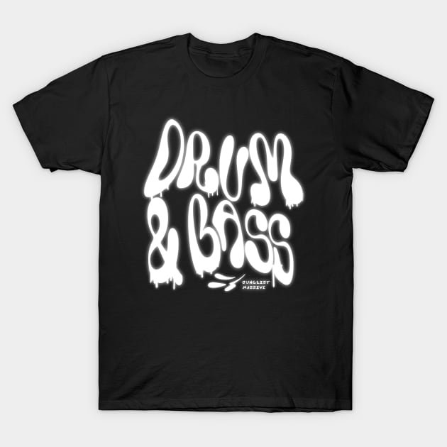 DRUM AND BASS  - Liquid Y2K Font (white) T-Shirt by DISCOTHREADZ 